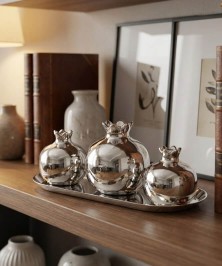 ZEYVE SILVER CERAMIC 3-PIECE POMEGRANATE SET TRAY 23x10x9cm